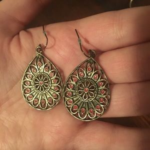 Bronze flower earrings with red stones